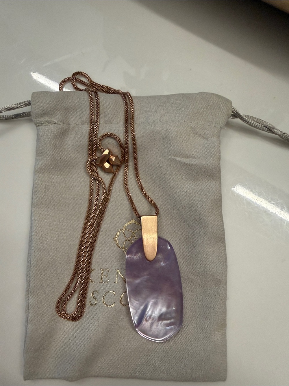 Kendra Scott Purple Shell Pendant Necklace with Rose Gold Chain